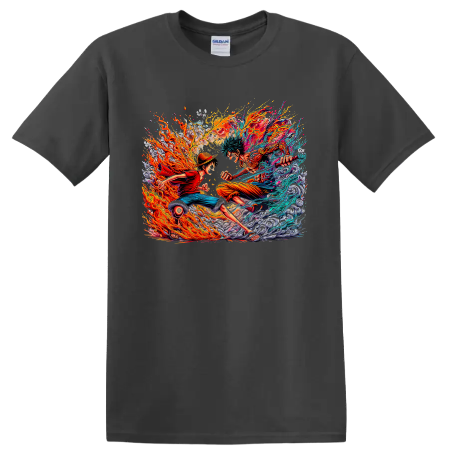 Monkey D. Luffy and Roronoa Zoro in explosive fire and water anime battle art on a Charcoal T Shirt