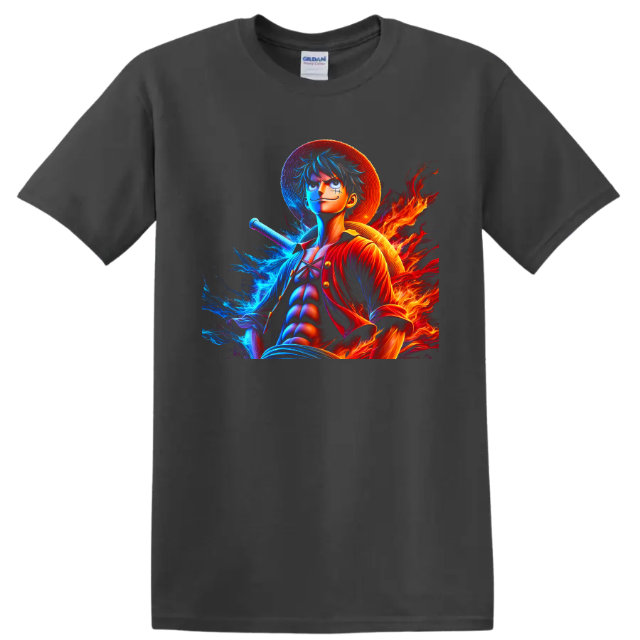 Monkey D. Luffy anime warrior graphic with straw hat, blue water energy, and flames on a Charcoal T Shirt