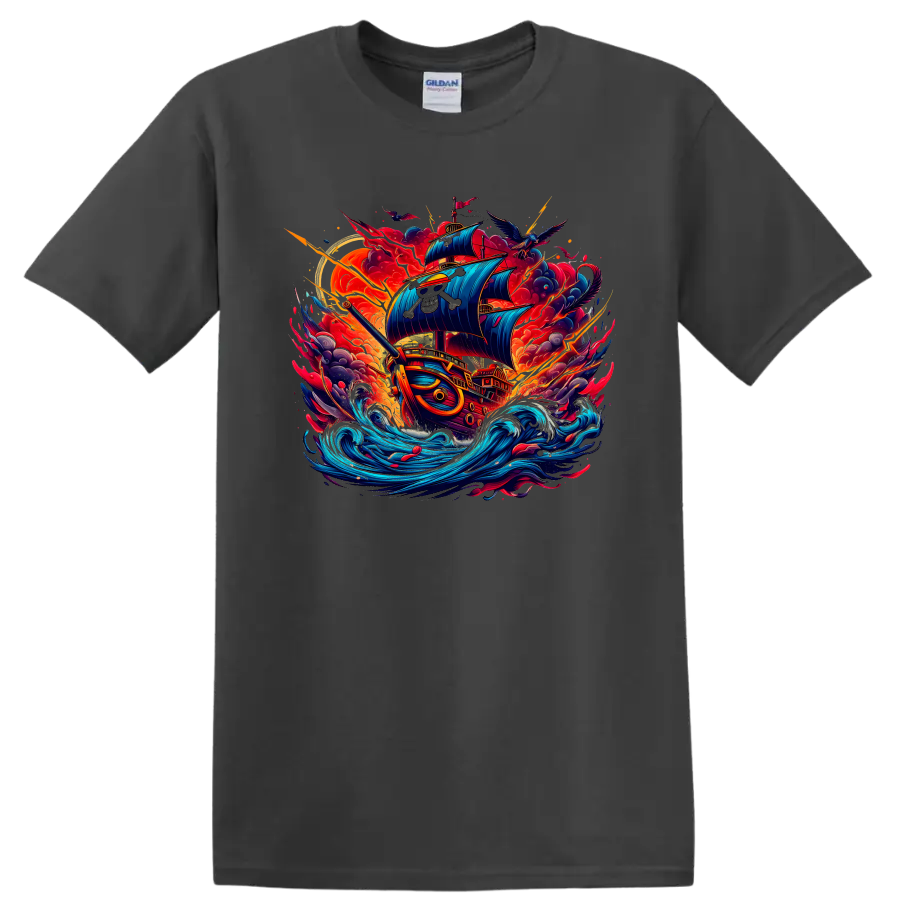 Thousand Sunny pirate ship in dynamic anime-style ocean storm artwork on a Charcoal T Shirt