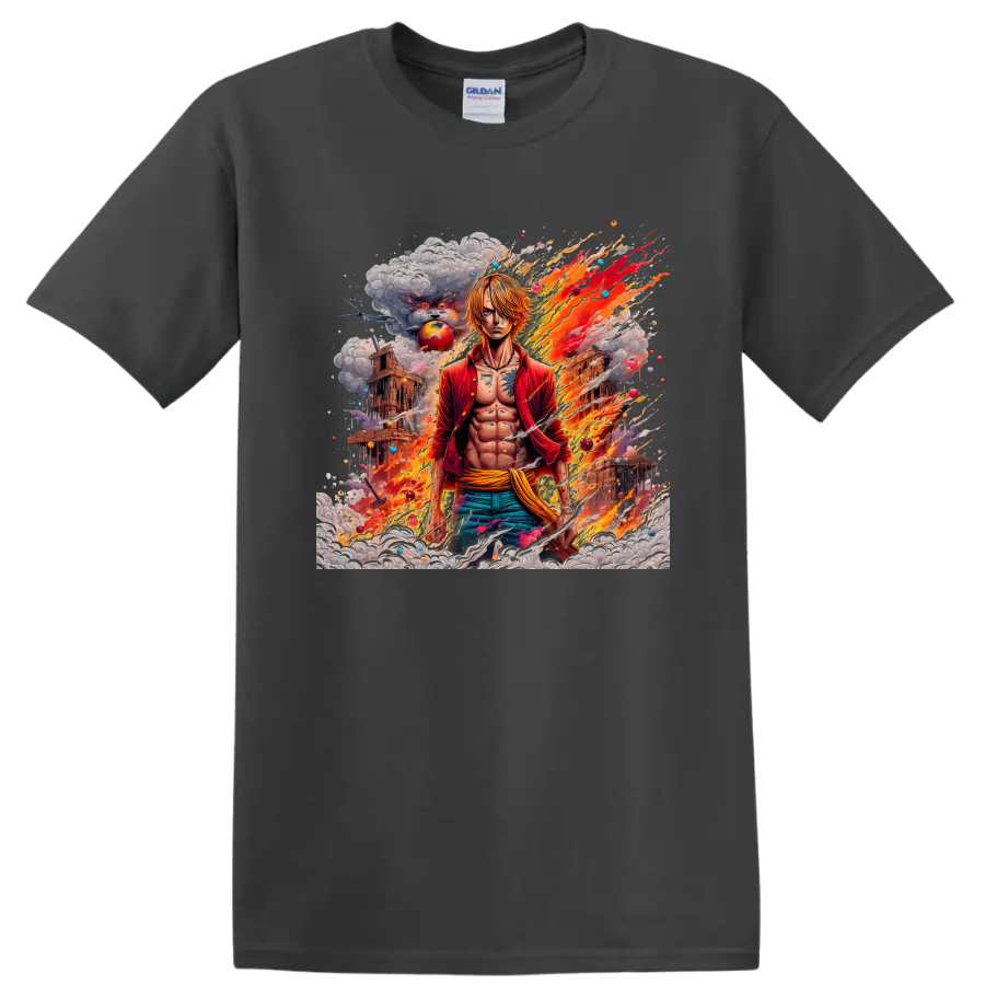 Sanji anime character in fiery action graphic with smoke and detailed scenery on a Charcoal T Shirt