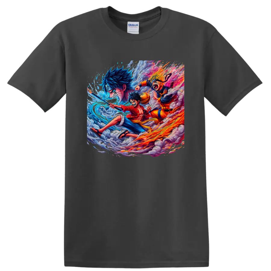 Monkey D. Luffy and Naruto Uzumaki anime action art with water, fire, and storm clouds on a Charcoal T Shirt