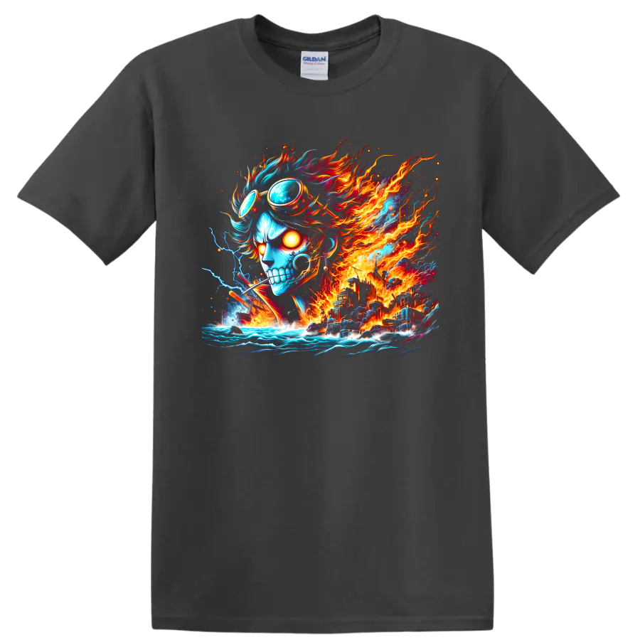Sabo-inspired anime skull with goggles, flames, lightning, ocean waves, and fantasy city on a Charcoal T Shirt
