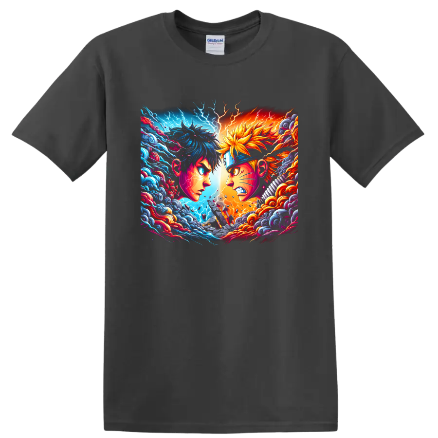 Naruto Uzumaki and Sasuke Uchiha anime rivalry art with lightning, waves, and flames on a Charcoal T Shirt