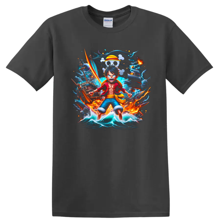 Monkey D. Luffy anime pirate graphic with ship, storm waves, lightning, and straw hat on a Charcoal T Shirt