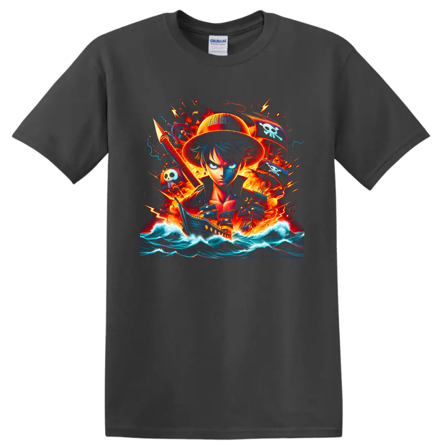 Monkey D. Luffy pirate action art with ship, skull flags, fire, and ocean waves on a Charcoal T Shirt