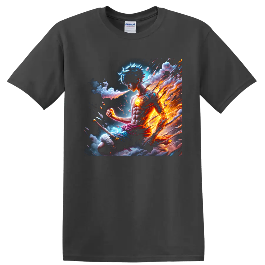 Monkey D. Luffy Gear 5 in a fiery blue and orange anime action illustration on a Charcoal T Shirt