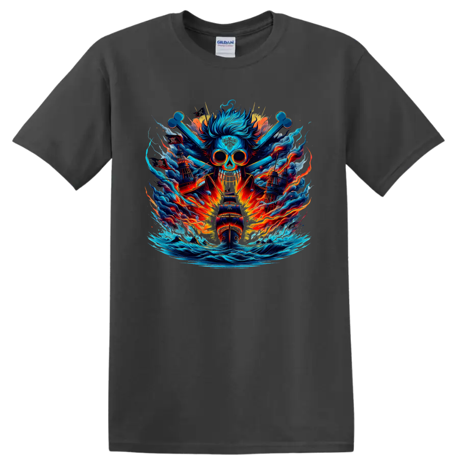 One Piece-inspired blue skull pirate ship with fiery waves in anime fantasy art on a Charcoal T Shirt