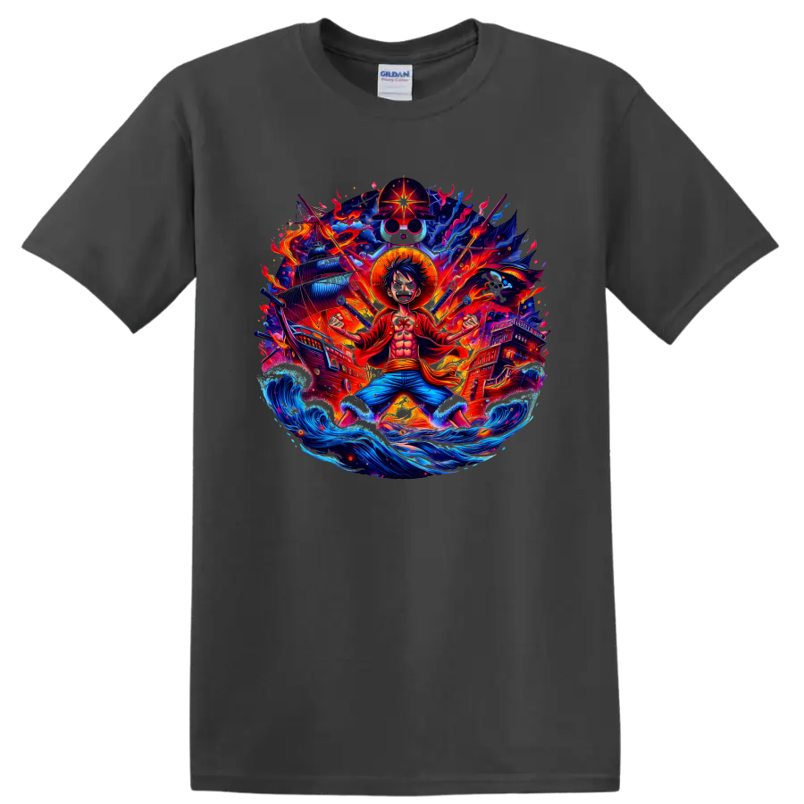 Monkey D. Luffy anime pirate graphic with ships, fiery energy, and ocean waves on a Charcoal T Shirt