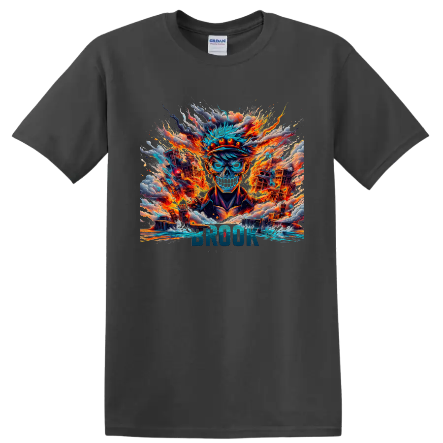 Brook skull character in fiery city anime art with BROOK text on a Charcoal T Shirt