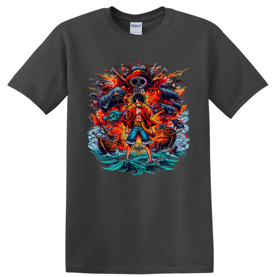 Monkey D. Luffy One Piece anime pirate graphic with ships, flames, and waves on a Charcoal T Shirt