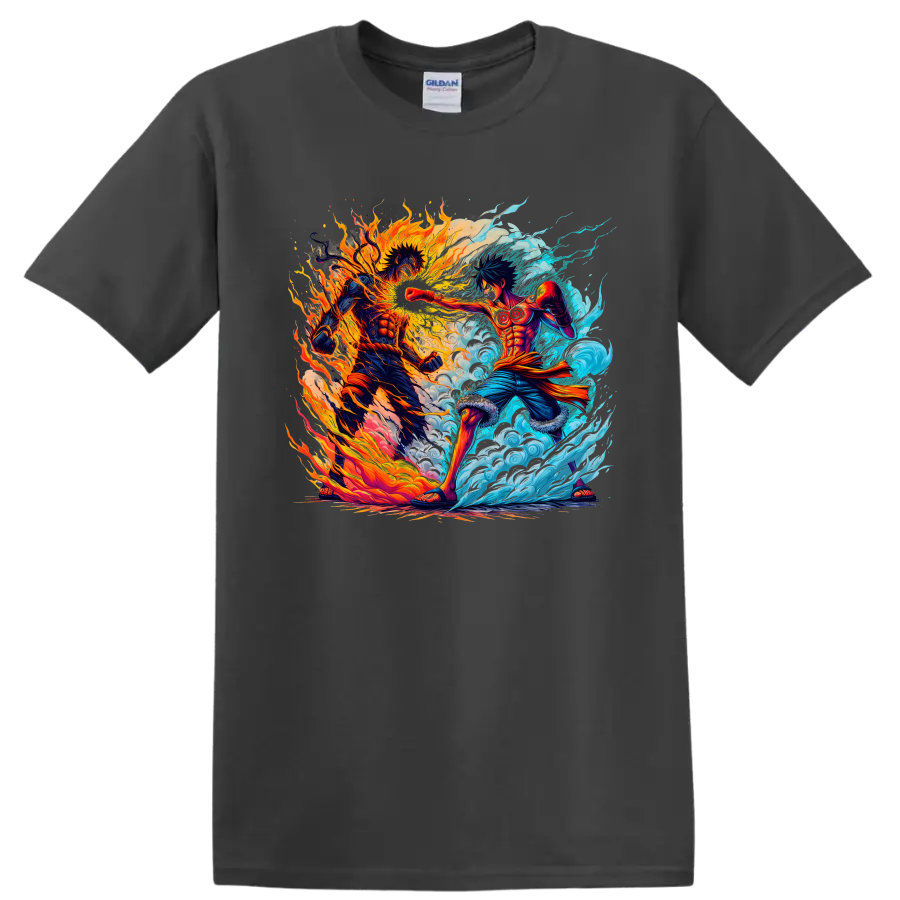 Monkey D. Luffy and Portgas D. Ace fire and water anime battle graphic on a Charcoal T Shirt