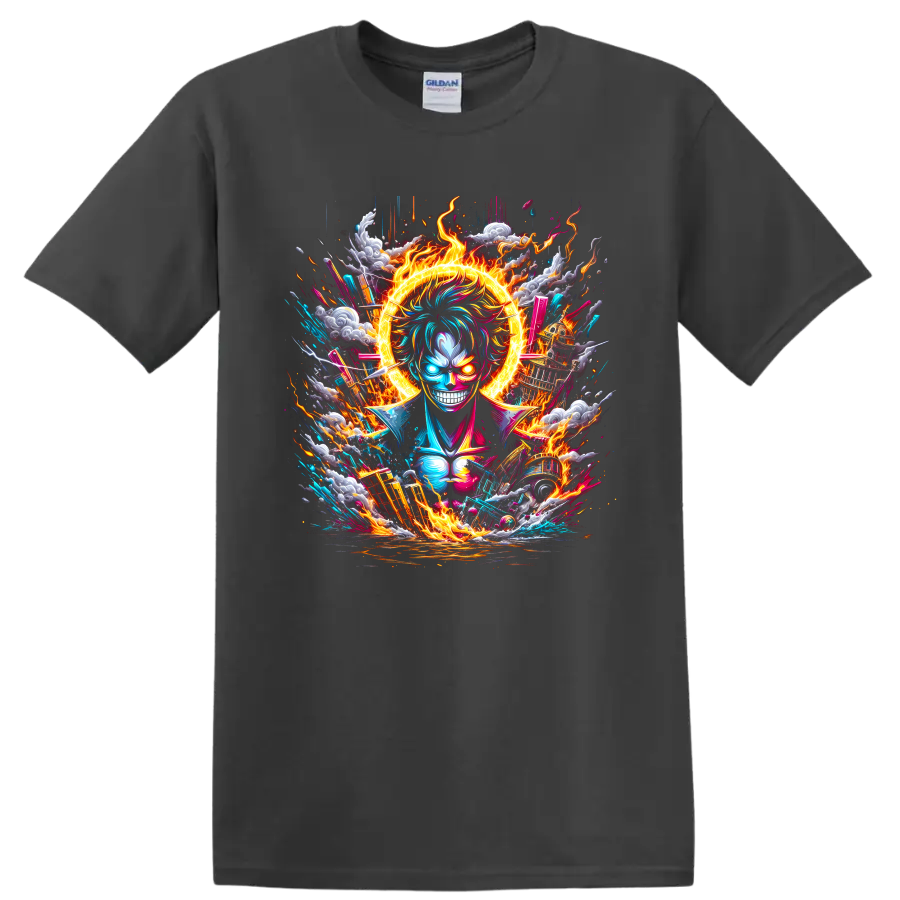 Monkey D. Luffy Gear 5 anime graphic with fiery halo, lightning, clouds, and waves on a Charcoal T Shirt