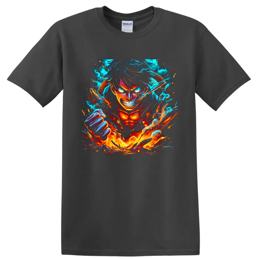 Monkey D. Luffy Bajrang Gun anime battle graphic with fiery energy and a raised fist on a Charcoal T Shirt