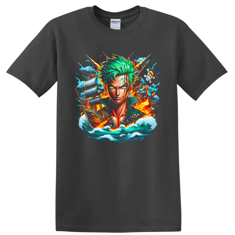 Roronoa Zoro anime portrait with swords, pirate ship, lightning, flames, and ocean waves on a Charcoal T Shirt
