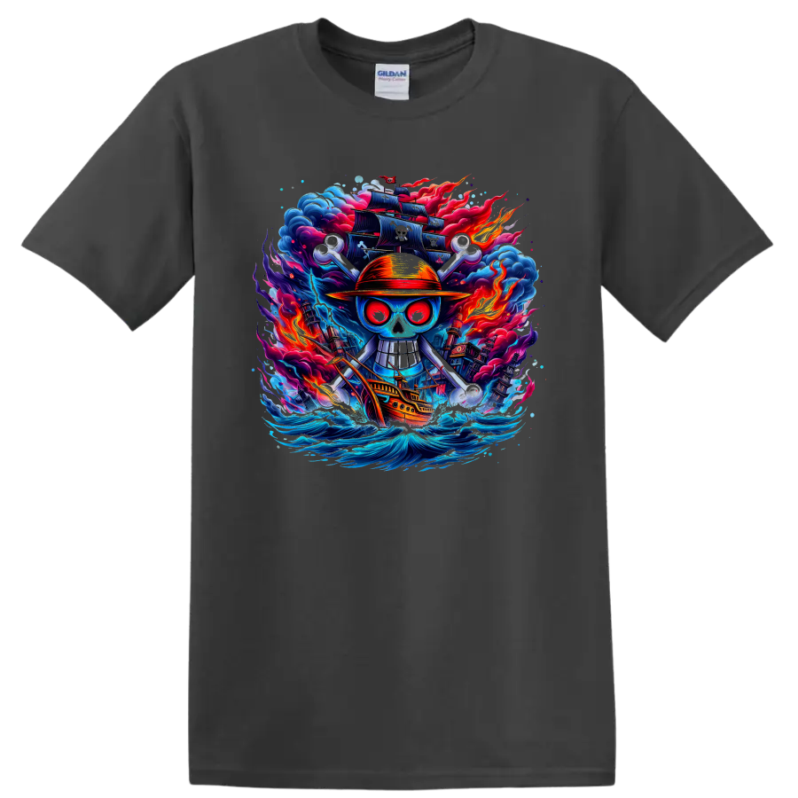 One Piece-inspired straw hat pirate skull with ship, waves, flames, and dark sails on a Charcoal T Shirt