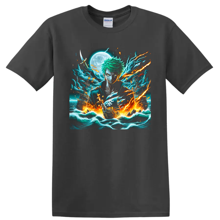 Roronoa Zoro anime art with pirate ships, moonlit waves, sword, and lightning on a Charcoal T Shirt