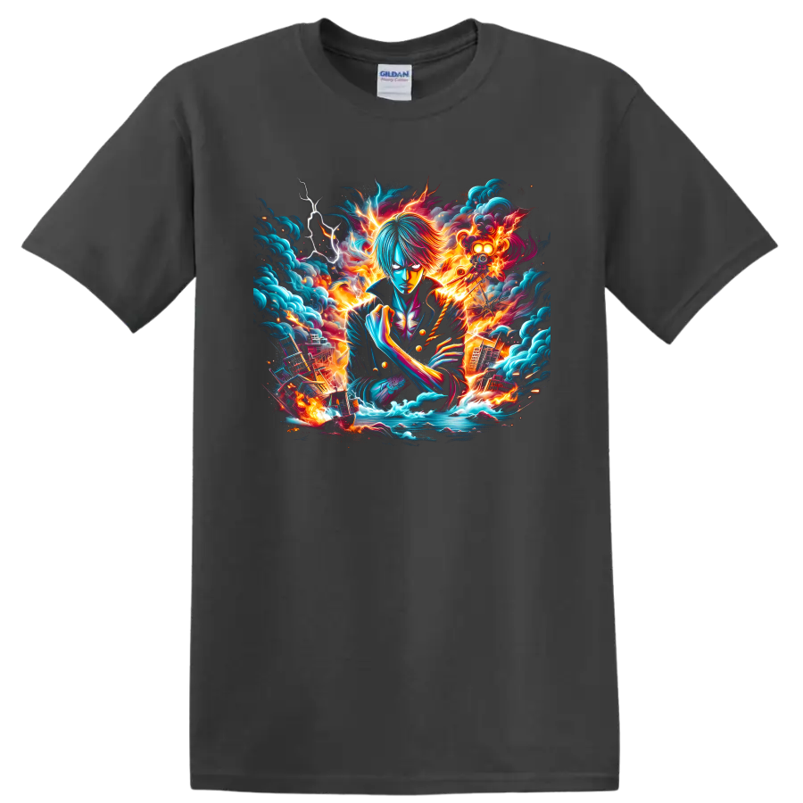Sanji in fiery storm anime art with lightning, ocean waves, and a pirate ship on a Charcoal T Shirt