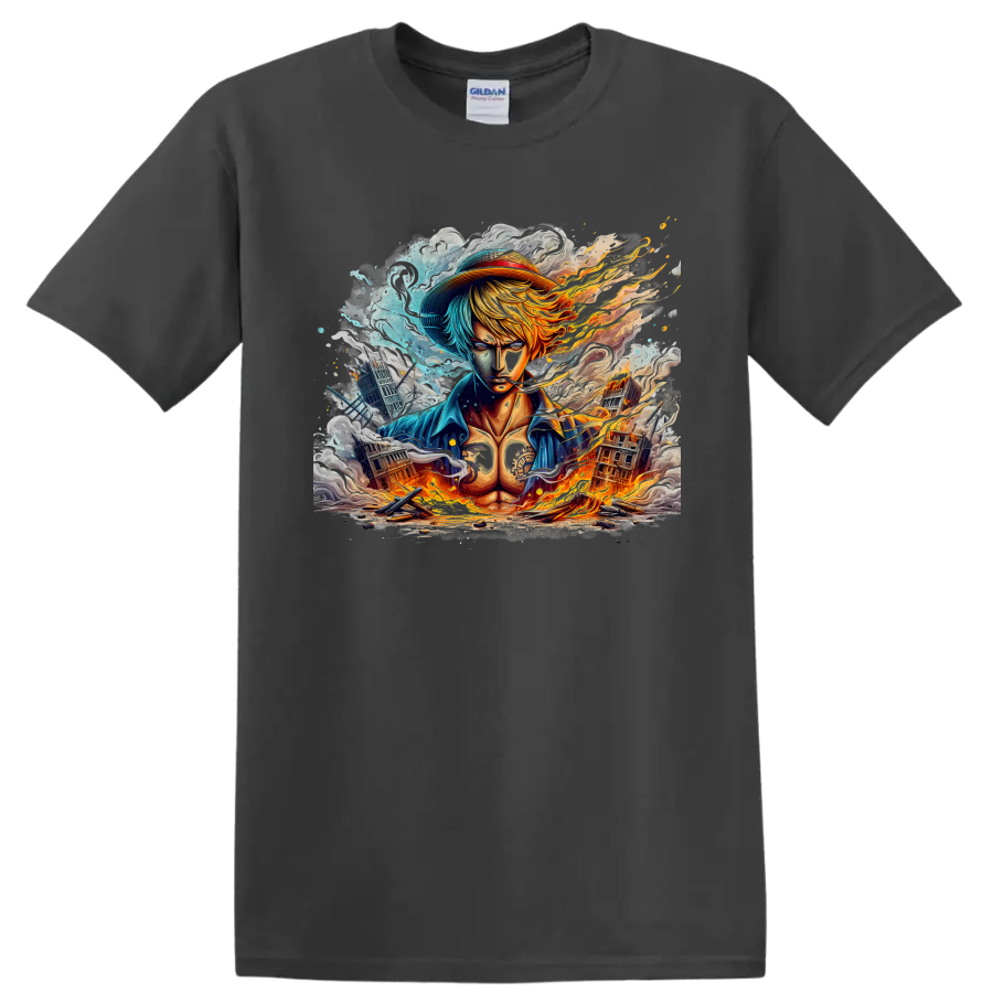 Sanji-inspired anime warrior graphic with flames, blue smoke, and ruined city on a Charcoal T Shirt