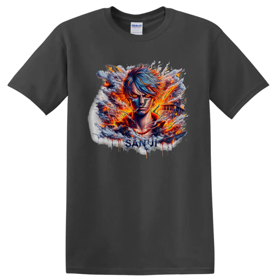 Sanji One Piece fiery anime portrait with burning ships and SANJI lettering on a Charcoal T Shirt