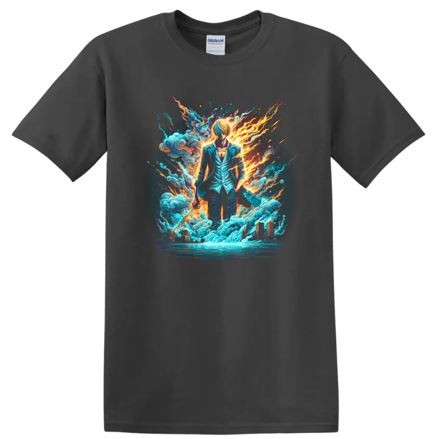 Sanji in a teal suit with fiery energy, ocean waves, and a glowing city on a Charcoal T Shirt