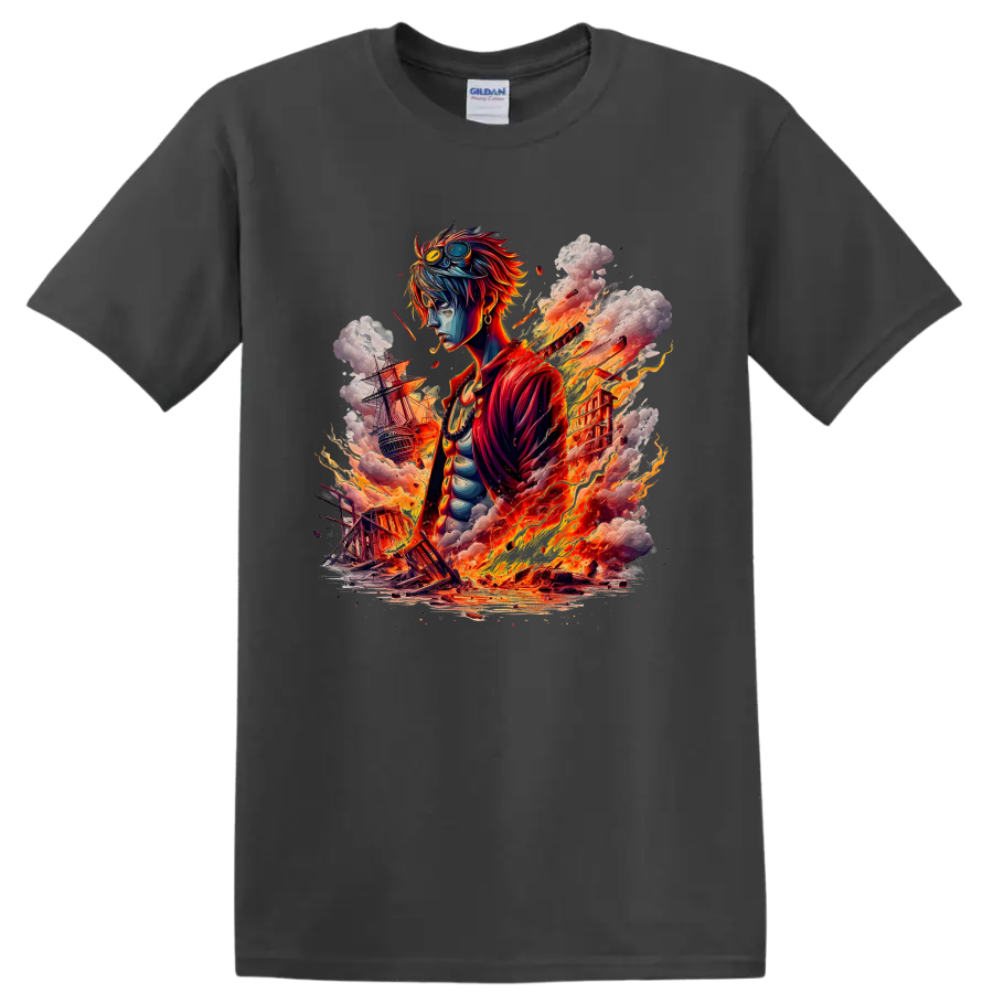 Sabo One Piece anime artwork with fire, smoke, and sailing ships on a Charcoal T Shirt