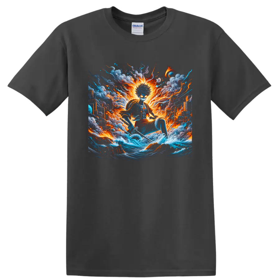 Monkey D. Luffy Gear 5 anime action art with ocean waves, fire, and storm clouds on a Charcoal T Shirt