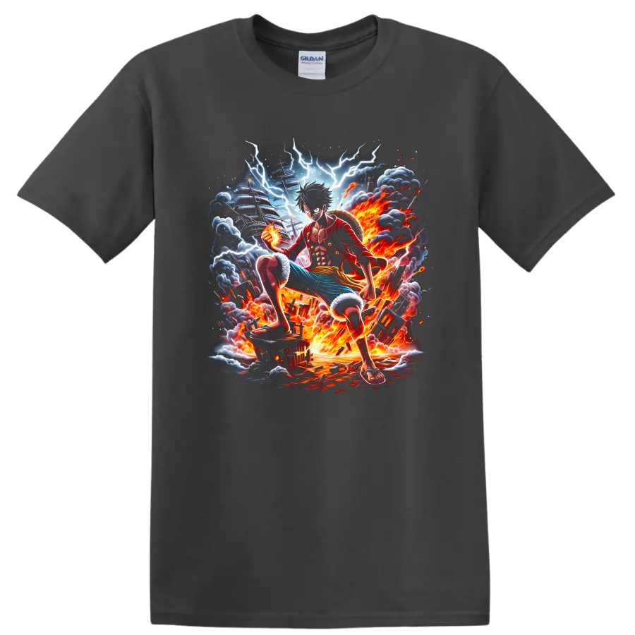 Monkey D. Luffy Gear 5 anime battle graphic with lightning, fire, and pirate ship on a Charcoal T Shirt