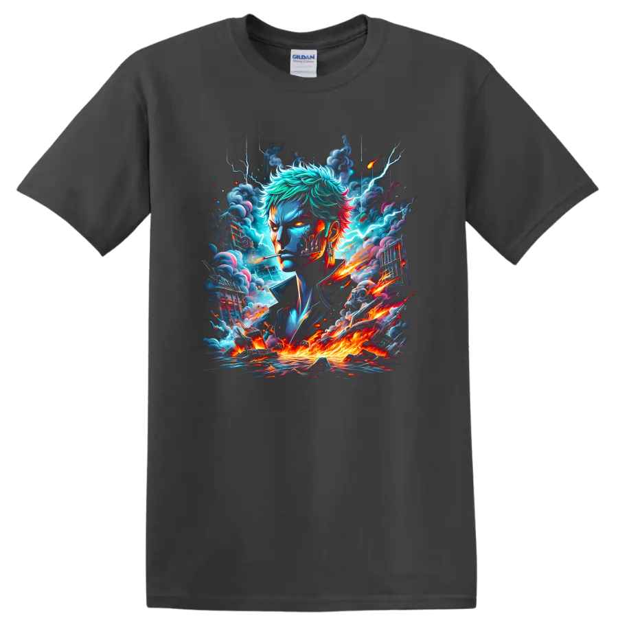 Roronoa Zoro anime swordsman portrait with lightning, storm clouds, and fiery energy on a Charcoal T Shirt