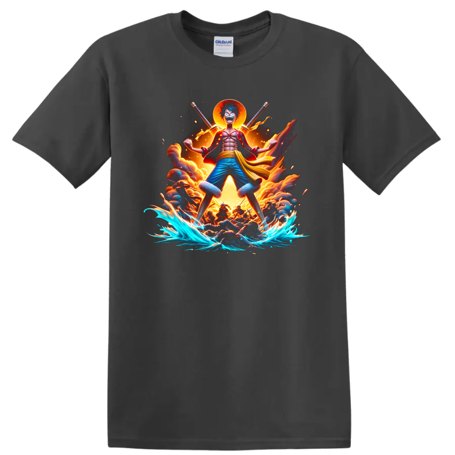 Monkey D. Luffy Gear 5-inspired anime ocean battle graphic with fire and waves on a Charcoal T Shirt