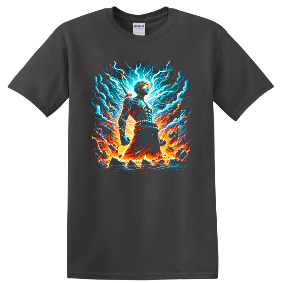Ichigo Kurosaki in electric lightning and fire anime sword warrior graphic on a Charcoal T Shirt