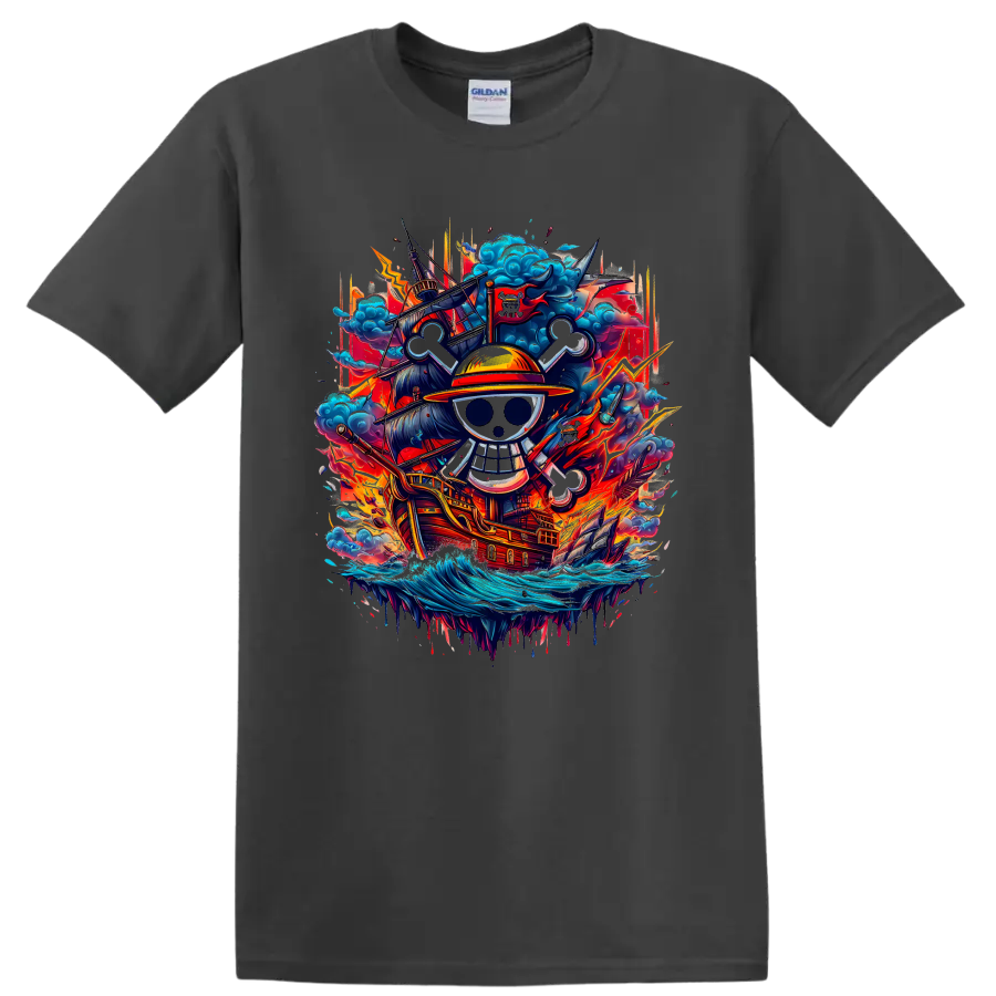 Monkey D. Luffy One Piece straw-hat skull and pirate ship anime graphic on a Charcoal T Shirt
