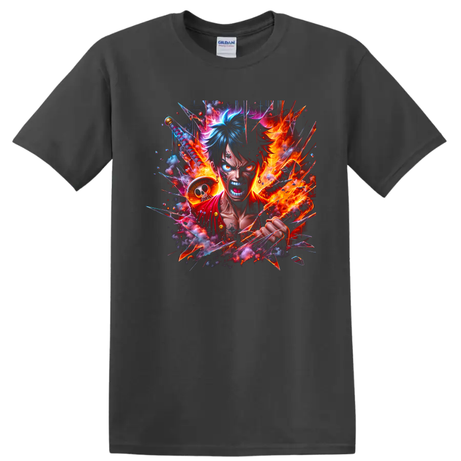 Monkey D. Luffy fiery anime battle graphic with flames, straw hat, and shattered glass on a Charcoal T Shirt
