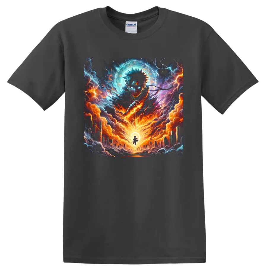 Naruto Uzumaki anime art with lightning, fiery storm clouds, glowing aura, and city on a Charcoal T Shirt