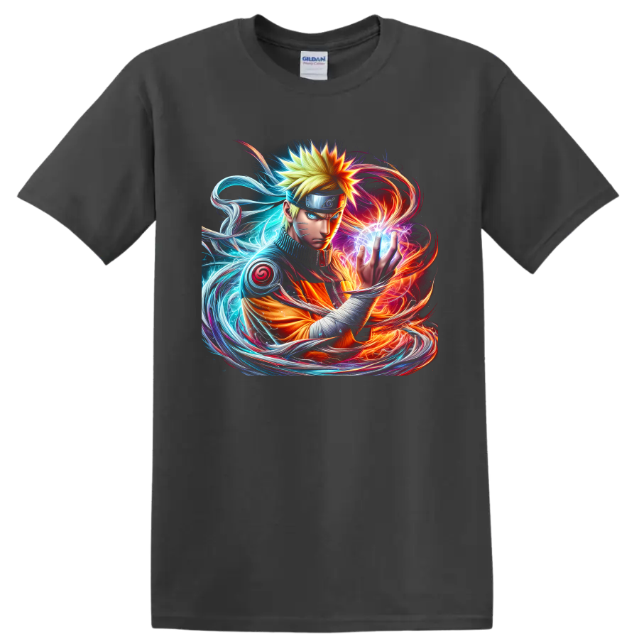 Naruto Uzumaki forming a glowing Rasengan in fiery and blue anime energy art on a Charcoal T Shirt