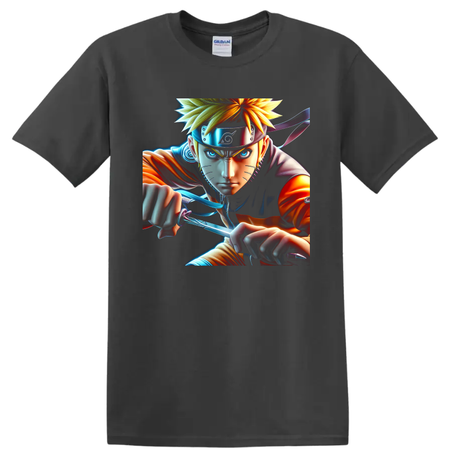 Naruto Uzumaki charging with a glowing Rasengan in vivid anime action art on a Charcoal T Shirt