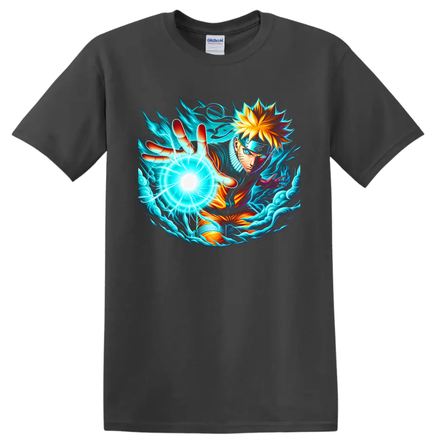 Naruto Uzumaki Sage Mode anime art reaching with a glowing energy orb and swirling waves on a Charcoal T Shirt