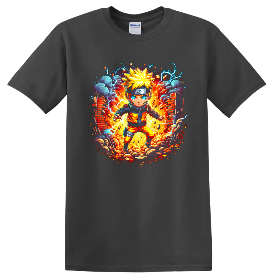 Chibi Naruto Uzumaki ninja with fireburst, lightning, storm clouds, and broken walls on a Charcoal T Shirt