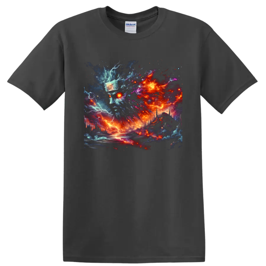 Naruto Uzumaki cybernetic ninja portrait with fiery cosmic storm artwork on a Charcoal T Shirt