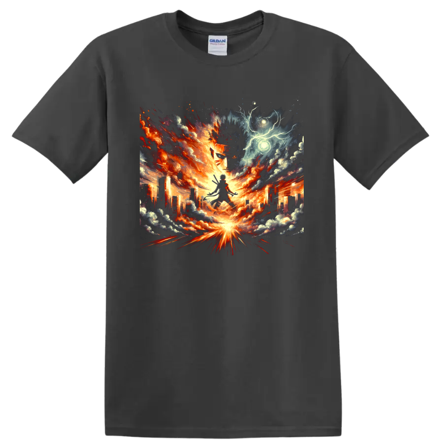 Naruto Uzumaki fiery city battle graphic with storm clouds and glowing energy on a Charcoal T Shirt