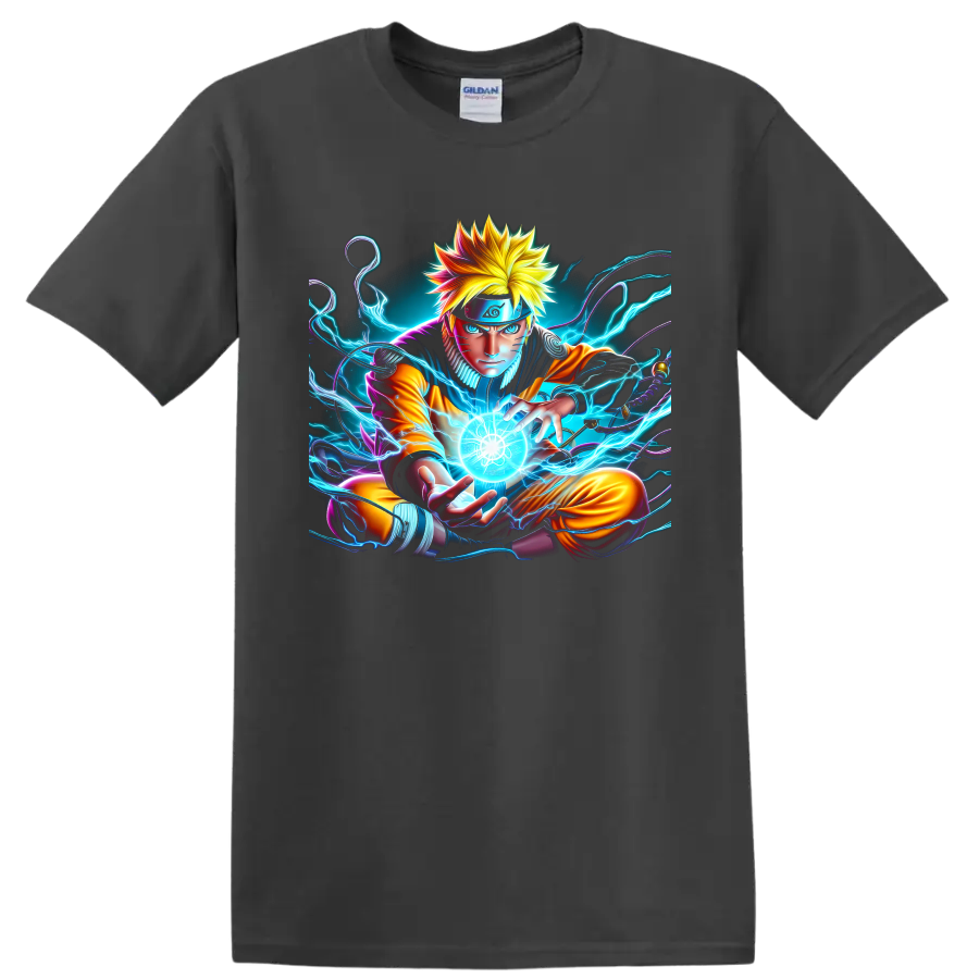 Naruto Uzumaki forming a glowing Rasengan in neon electric anime art on a Charcoal T Shirt