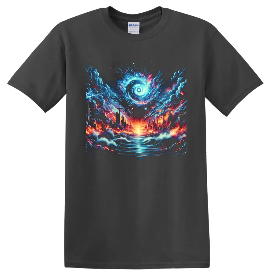 Surreal anime-style glowing spiral eye over a burning futuristic city and waves on a Charcoal T Shirt
