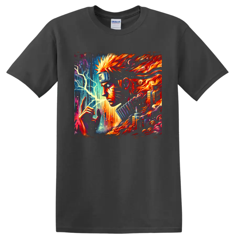 Naruto Uzumaki fiery ninja portrait with lightning, neon city details, and swirling flames on a Charcoal T Shirt