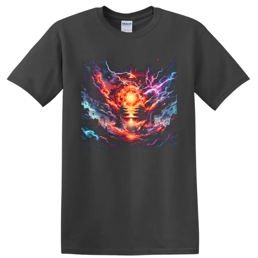 Cosmic temple graphic with radiant circular emblem, lightning, clouds, and embers on a Charcoal T Shirt