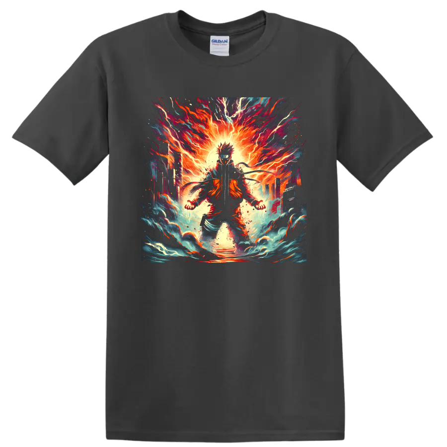 Naruto Uzumaki fiery anime ninja graphic with lightning, flames, and swirling waves on a Charcoal T Shirt