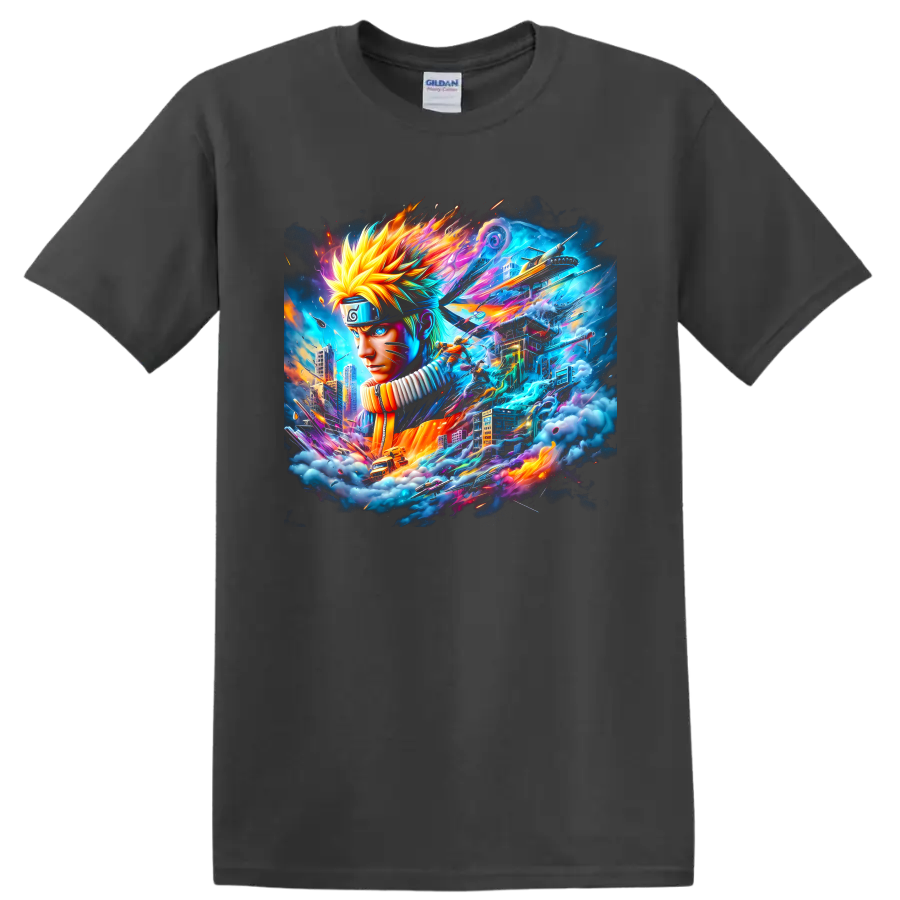 Naruto Uzumaki neon ninja portrait with futuristic cityscape and swirling energy on a Charcoal T Shirt
