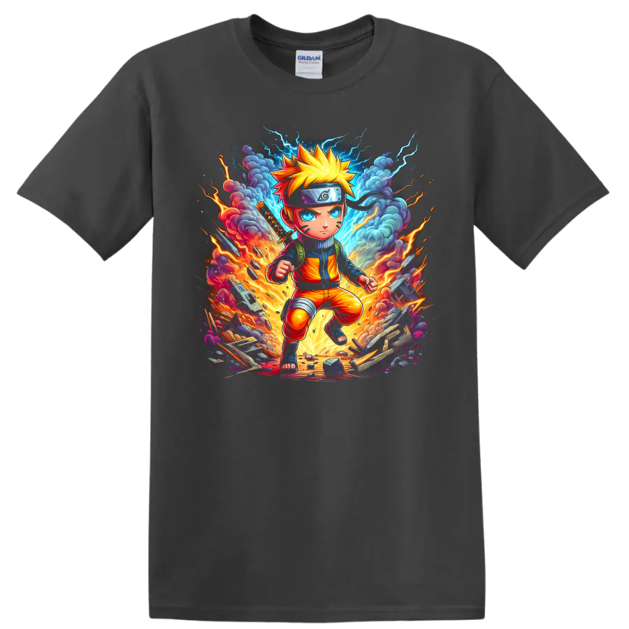 Naruto Uzumaki explosive anime ninja action graphic with lightning, fire, and debris on a Charcoal T Shirt