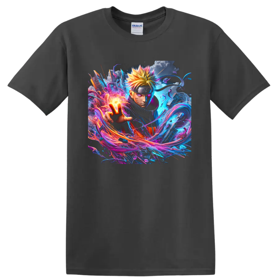Naruto Uzumaki neon anime art with glowing energy orb and swirling effects on a Charcoal T Shirt