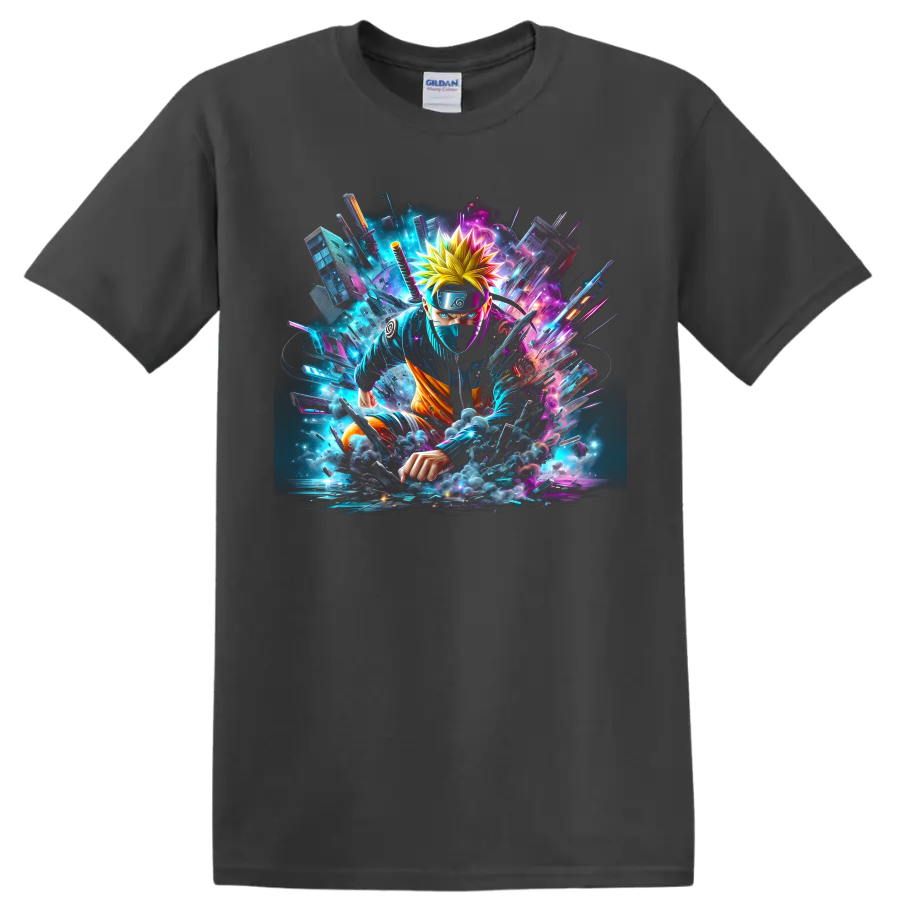 Naruto neon cyberpunk ninja action graphic with glowing shards and smoke on a Charcoal T Shirt