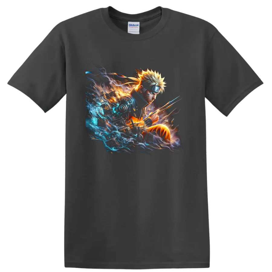 Naruto Uzumaki anime battle art with a kunai, fiery light, and blue energy on a Charcoal T Shirt