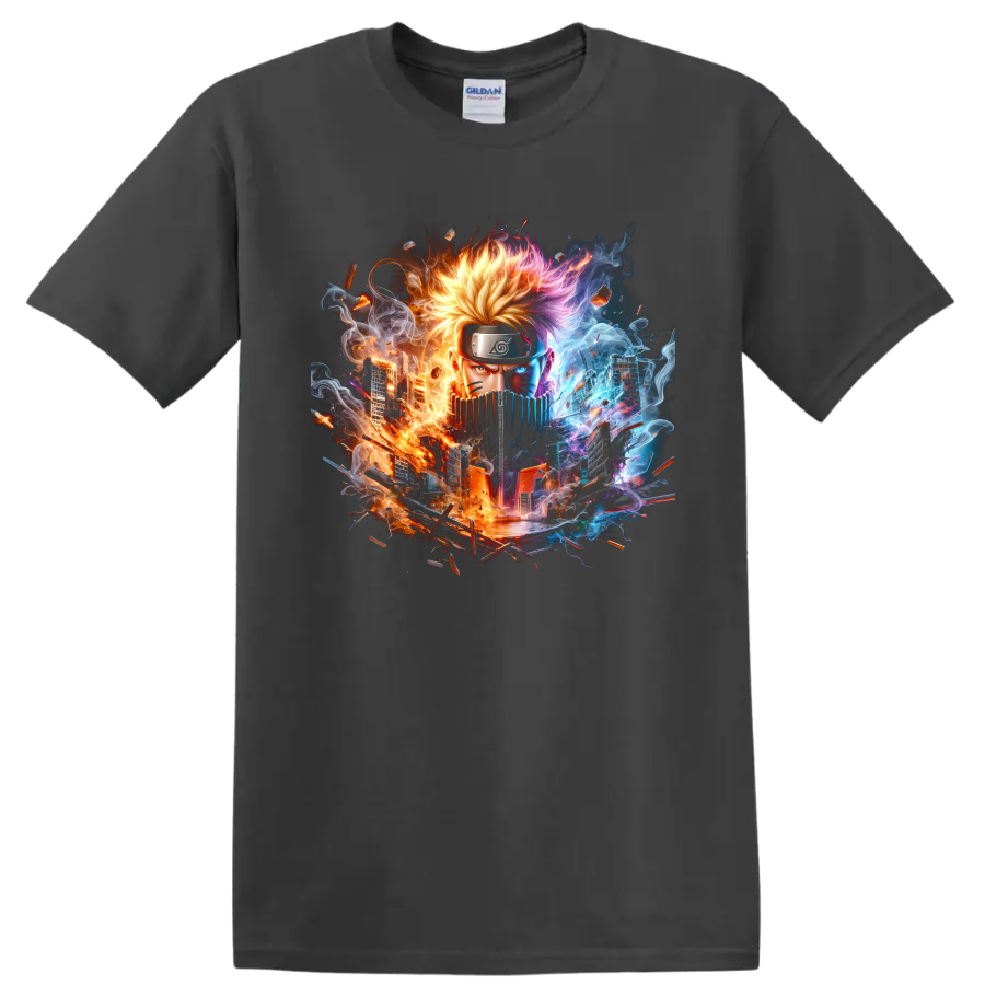 Naruto Uzumaki anime portrait with fiery and icy energy cityscape graphic on a Charcoal T Shirt